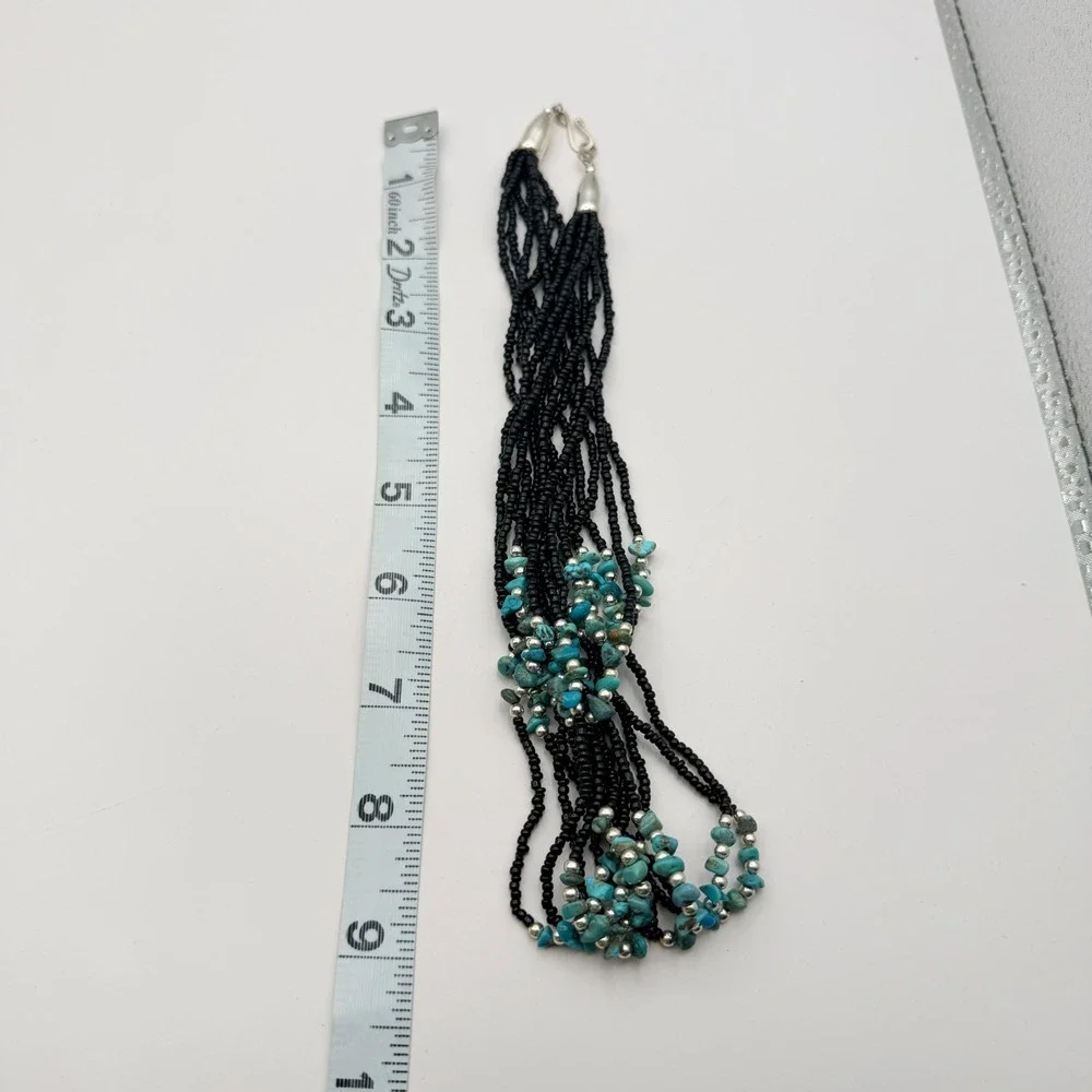 Vintage 90s Multi Strand Turquoise Black Glass Seed Bead Statement Necklace Boho